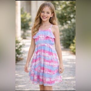 Place Girls Tie Dye Summer Dress Pink Blue Spaghetti Straps - size M 7/8